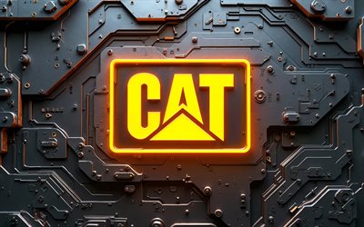 4k, caterpillar黄色のネオンロゴ, ボケ, 金属の背景, caterpillar 3dロゴ, クリエイティブ, 猫, caterpillarロゴ, caterpillar neon logo, メーカーブランド, キャタピラー, 猫のロゴ