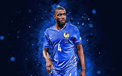 dayot upamecano, 4k, néons bleus, équipe nationale de football de france, footballeurs français, dayot upamecano 4k, football, équipes nationales, équipe de dayot upamecano france, fff