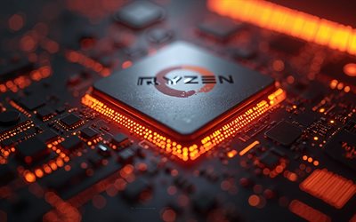 logo ryzen, fond noir en haute technologie, puce sur un microcircuit, ryzen, processeurs, logo ryzen 3d, emblème ryzen, lumière néon orange, dmla