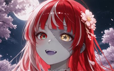 4k, kureiji ollie, mond, frühling, virtueller youtuber, nahaufnahme, vtuber, zombie, kirschblüte, hololive, heterochromie, manga, kureiji ollie channel