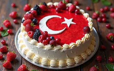 Turkey flag painted on cake, 4k, Turkey flag, baking, Turkey, cake with berries, flag of Turkey, cake with the Turkish flag, Republic Day Turkey, cake like Turkey flag