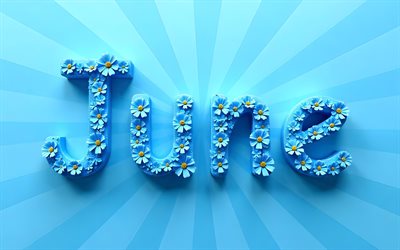 junio, 4k, letras florales azules, creativo, fondo abstracto azul, conceptos de junio, nombres de meses, inscripción de junio, palabra de junio, antecedentes con junio