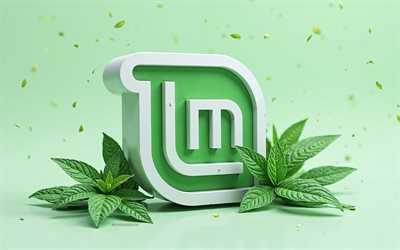 logo 3d linux mint, 4k, fond vert, feuilles de menthe 3d, logo linux mint, emblème de la menthe linux, feuilles 3d, linux