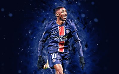 4k, ousmane dembele, neşe, paris saint germain, ligue 1, fransız futbolcular, mavi neon işıklar, ousmane dembele 4k, mavi soyut arka plan, yaratıcı, futbol, psg, ousmane dembele psg