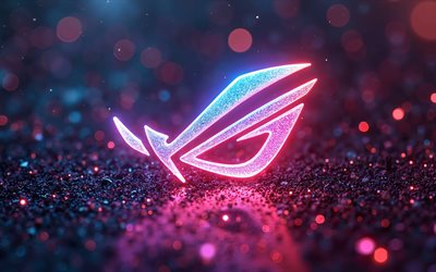 4k, ROG neon logo, bokeh, colorful glitter backgrounds, Republic of Gamers, ROG emblem, red neon lights, ROG 3D logo, ROG metal logo, artwork, Asus RoG, Republic of Gamers logo, ROG logo, Asus, ROG