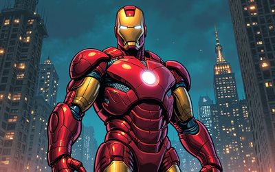4k, Iron Man, nightscape, superheroes, Marvel Comics, night, abstract art, Iron Man art, fan art, Iron Man 4K