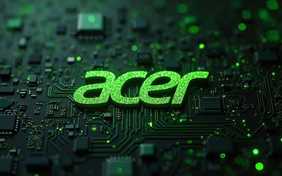 acer green glitterロゴ, 4k, 黒いハイテク背景, マイクロサーキット, 導体, エレクトロニクスブランド, クリエイティブ, マイクロサーキットのエイサーロゴ, ブランド, acer抽象ロゴ, アートワーク, エイサーロゴ, エイサー