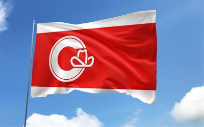 calgary flagga på flaggstång, 4k, kanadensiska städer, blå himmel, calgary flagg, wavy satinflaggor, kalgaril, städer i kanada, flaggstång med flaggor, calgary day, canada, calgary