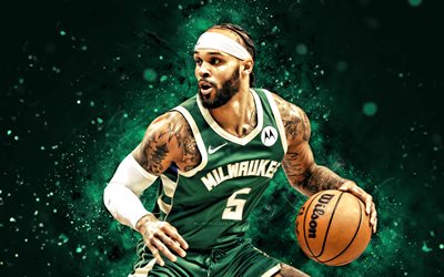 4k, gary trent jr, vihreä abstrakti tausta, milwaukee bucks, nba, amerikkalaiset koripalloilijat, gary trent jr 4k, vihreät neonvalot, koripallo, kansallinen koripalloyhdistys, gary trent jr milwaukee bucks