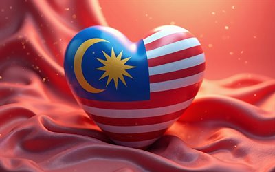 4k, ich liebe malasia, roter 3d  hintergrund, tag der malasia, bokeh, flagge der malasia, 3d  kunst, herz mit malasischer flagge, kreativ, 3d  herzen, malasische flagge, malasie, liebe zu malasia