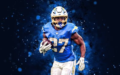 jk dobbins, 4k, néons bleus, chargers de los angeles, nfl, joueurs de football américains, jk dobbins 4k, football américain, ligue nationale de football, jk dobbins los angeles chargers