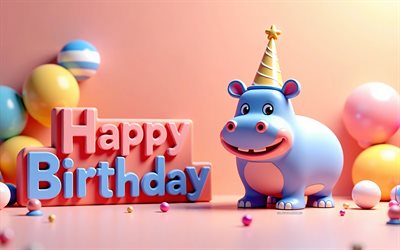 buon compleanno, 4k, divertente hippopotamo carino, iscrizione 3d di buon compleanno, ippopotamo di cartone animato 3d, auguri di buon compleanno, concetti di buon compleanno, background di buon compleanno con ippopotamo