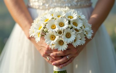 bouquet di margherite in mani nuziali, bouquet nuziale, 4k, margherite bianche, bouquet di margherite, concetti di matrimonio, modelli di matrimonio, bouquet di nozze, sposa