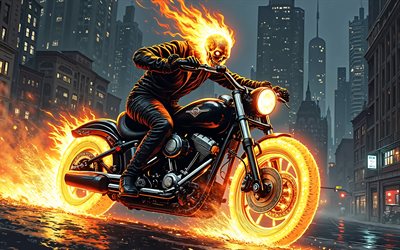 4k, Ghost Rider, cityscape, fire flames, comics art, Marvel Comics, superheroes, Ghost Rider 3D, fan art, Ghost Rider 4K
