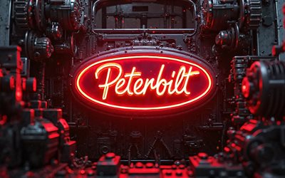 Peterbilt red neon logo, 4k, bokeh, metal backgrounds, red neon lights, Peterbilt 3D logo, artwork, Peterbilt metal logo, Peterbilt logo, cars brands, Peterbilt