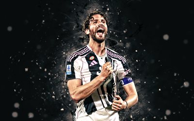 4k, Manuel Locatelli, black abstract background, Juventus FC, Serie A, italian footballers, Manuel Locatelli 4K, white neon lights, football, soccer, Juve, Juventus, Manuel Locatelli Juventus