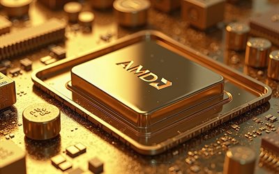 4k, logo amd golden 3d, carte mère dorée, logo amd, emblème amd, logo golden amd, processeurs amd, signe amd, dmla