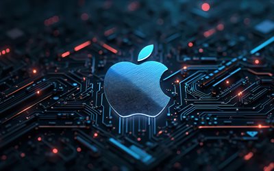 apple blue glitterロゴ, 4k, ボケ, 青いハイテク背景, マイクロサーキット, 導体, エレクトロニクスブランド, クリエイティブ, マイクロサーキットのアップルロゴ, ブランド, apple abstract logo, アートワーク, アップルロゴ, りんご