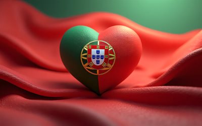 4k, ich liebe portugal, bokeh, roter 3d  hintergrund, kreativ, tag portugal, flagge von portugal, 3d  kunst, herz mit portugalesischer flagge, 3d  herzen, portugalesische flagge, portugal, liebe zu portugal