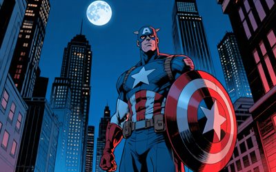 4k, Captain America, abstract art, nightscape, superheroes, Marvel Comics, comics art, artwork, Captain America 4K