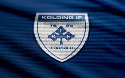 Kolding IF fabric logo, 4k, blue fabric background, Danish 1st Division, bokeh, soccer, Kolding IF logo, football, Kolding IF emblem, Kolding IF, Danish football club, Kolding FC