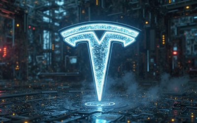 Tesla logo, 4k, blue hi-tech background, Tesla blue neon logo, blue neon light, X-ray, Tesla emblem, Tesla 3d logo, Tesla, blue Tesla logo
