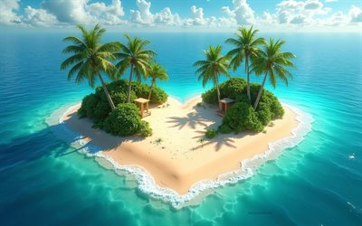 isola romantica, 4k, isola tropicale a forma di cuore, cuore dell'isola tropicale, oceano, isola 3d, concetti romantici
