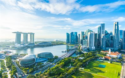 4k, singapore, sklisantikaupunkikuva, marina bay, ilmakuva, kesän, marina bayn hiekka, keskustan ydin, pilvenpiirtäjät, singapore panorama, singaporen kaupunkikuva, liiketoiminta  alue, aasia