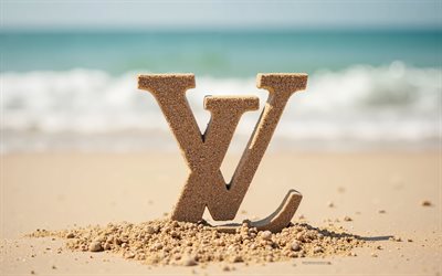 Louis Vuitton logo, 4k, summer, Louis Vuitton logo made of sand, beach, 3d Louis Vuitton logo, sand, Louis Vuitton emblem, Louis Vuitton