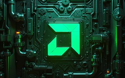 4k, amd green neon  logo, bokeh, tehdas, vihreä metallitausta, vihreät neonvalot, amd 3d  logo, taideteos, amd metal  logo, amd  logo, elektroniikkabrändit, amd