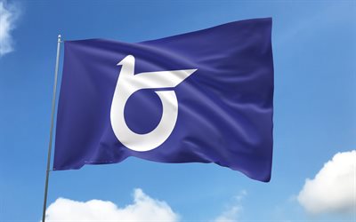 tottori  flagga på flaggstång, 4k, japanska prefekturer, blå himmel, tottori  flagga, wavy satinflaggor, japans prefekturer, flaggstång med flaggor, dag av tottori, japan, tottori