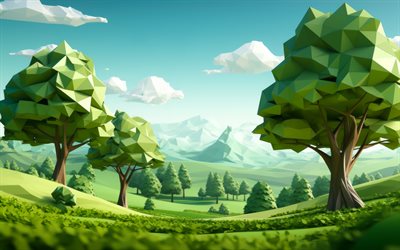 berghänge, wiesen, 4k, polygonale kunst, kreativ, abstrakte natur, 3d  kunst, isometrische kunst, 3d  natur, 3d  landschaften, abstrakte landschaften