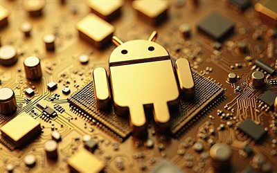 4k, android golden 3d  logo, kultainen emolevy, android  logo, android  tunnus, android kultainen logo, android  merkki