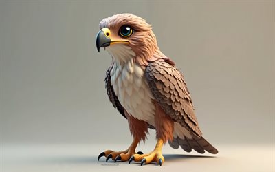 4k, söpö 3d hawk, sarjakuva 3d hawk, söpöt linnut, haukka, 3d  eläimet, sarjakuva 3d  linnut, hauska haukka, pieni haukka, oranssi tausta