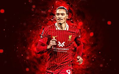 4k, Darwin Nunez, red abstract background, Liverpool, Premier League, Uruguayan footballers, Darwin Nunez 4K, red neon lights, football, soccer, LFC, Liverpool FC, Darwin Nunez Liverpool