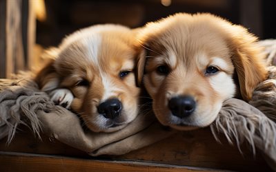 4k, zwei welpen, süße hunde, golden retriever, süße tiere, labrador, bokeh, haustiere, hunde, welpen, golden retriever hund
