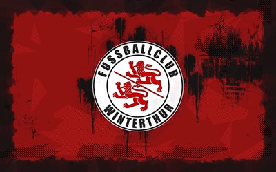 FC Winterthur grunge logo, 4k, Swiss Super League, red grunge background, soccer, FC Winterthur emblem, football, FC Winterthur logo, FC Winterthur, Swiss football club, Winterthur FC