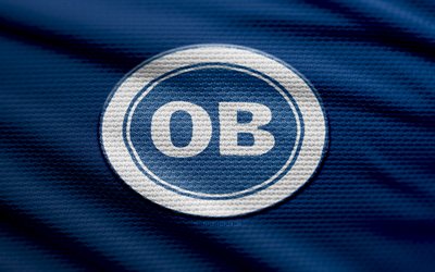 Odense BK fabric logo, 4k, blue fabric background, Danish 1st Division, bokeh, soccer, Odense BK logo, football, Odense BK emblem, Odense BK, Danish football club, Odense FC