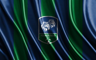 4k, Feralpisalo logo, Serie B, green blue silk texture, Feralpisalo flag, Italian football club, soccer, silk flag, Feralpisalo emblem, Italy, Feralpisalo badge, Feralpisalo