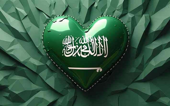 4k, ich liebe saudi  arabien, grüner 3d  hintergrund, kreativ, tag italiens, saudi  arabien  flagge, 3d  kunst, herz mit saudi  arabien  flagge, 3d  herzen, saudi arabien, liebe zu saudi  arabien