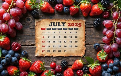 4k, 2025 July Calendar, fruits frame, July 2025, summer calendars, wooden background, July 2025 Calendar, summer fruits, 2025 concepts, July calendars, 2025 calendars, July