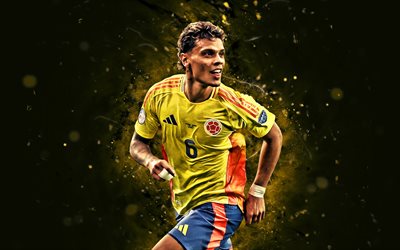 4k, Richard Rios, yellow abstract background, Colombia national football team, CONMEBOL, Colombian footballers, yellow neon lights, Richard Rios 4K, football, soccer, national teams, South America, Richard Rios Colombia Team