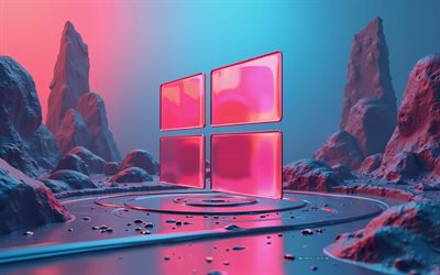 Windows 10 3d logo, abstract digital art, Windows 10 pink emblem, detailing, Windows 10 logo, creative art, Windows