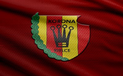 korona kielce 패브릭 로고, 4k, 빨간색 직물 배경, ekstraklasa, 보케, 축구, korona kielce 로고, korona kielce emblem, korona kielce, 폴란드 축구 클럽, korona kielce fc