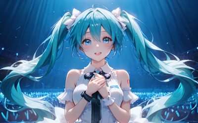4k, Hatsune Miku, concert, CV01, Vocaloid, blue hair, Vocaloid characters, Hatsune Miku Vocaloid