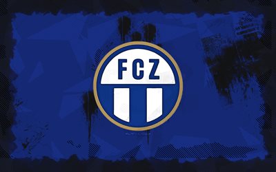 FC Zurich grunge logo, 4k, Swiss Super League, blue grunge background, soccer, FC Zurich emblem, football, FC Zurich logo, FC Zurich, Swiss football club, Zurich FC