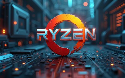 Ryzen 3d logo, 4k, AMD Ryzen, hi-tech background, Ryzen, Ryzen emblem, Ryzen creative logo, Ryzen logo, technology art