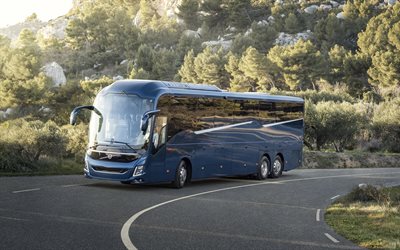 volvo 9900, 4k, passagiertransport, 2022 busse, bergstraße, zivilverkehr, transport von menschen, tourismus, 2022 volvo 9900, busse, volvo