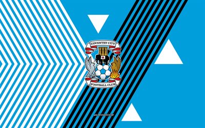 coventry city fc logosu, 4k, ingiliz futbol takımı, mavi beyaz çizgiler arka plan, coventry city fc, şampiyonluk, ingiltere, hat sanatı, coventry city fc amblemi, futbol, coventry city