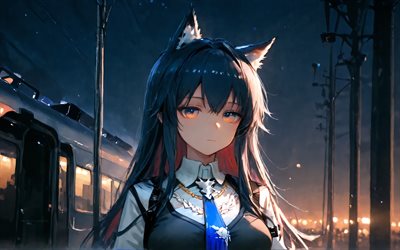 texas, 4k, gare, arknights, manga, texas l'omertosa, nuit, personnages d'anime, personnages arknights, texas arknights